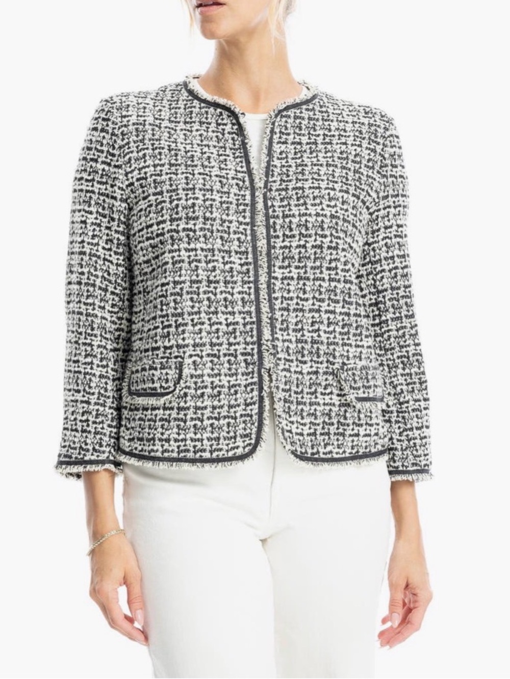 Max Studio Black and White Tweed Collarless Jacket